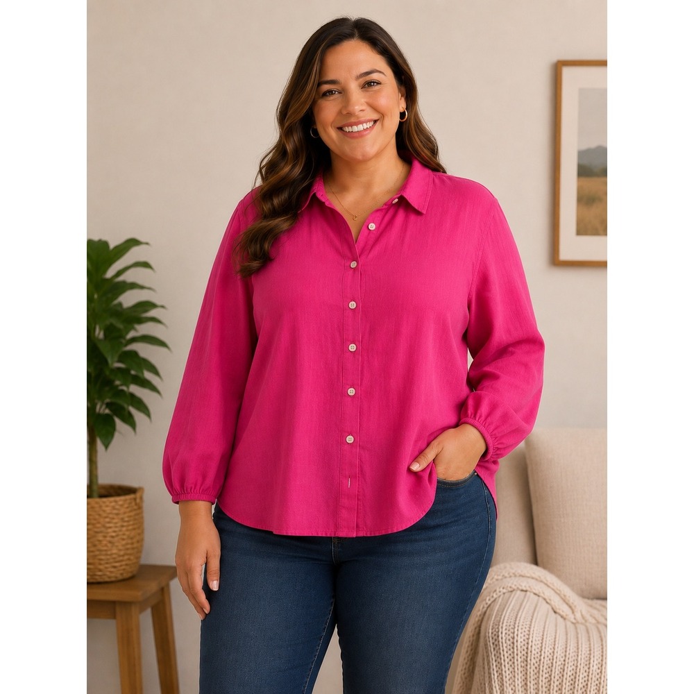 NWT Cynthia Rowley Boxy Button Down Shirt Womens 1X Pink Linen Blend Long Sleeve